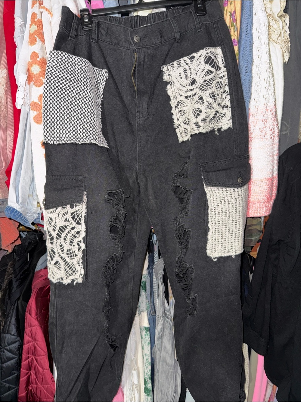 POL Black Distressed Patchwork Cargo Jeans with Crochet Pockets
